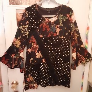 Calessa S Patchwork Bell Slv Floral Velvet Polka Dot Crochet Tunic Top Y2K Goth